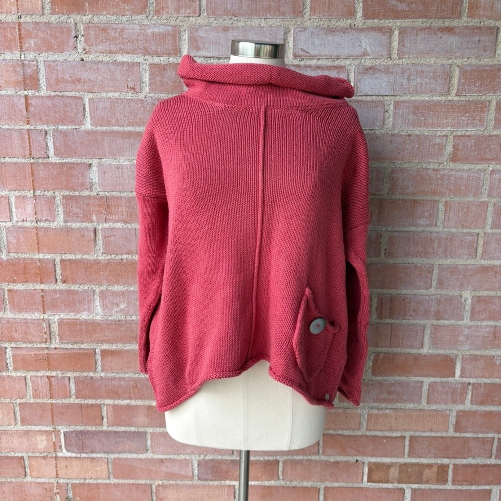 Pure‎ Handknit Cowl Neck Sweater Womne's L XL Pink Button Pocket Tunic Cotton